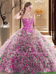 Fabric With Rolling Flowers Sweetheart Sleeveless Brush Train Lace Up Embroidery and Ruffles Vestidos de Quinceanera inMulti-color