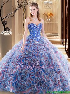 Deluxe Sleeveless Fabric With Rolling Flowers With Brush Train Lace Up Vestidos de Quinceanera inLavender forSpring and Summer and Fall and Winter withEmbroidery and Ruffles