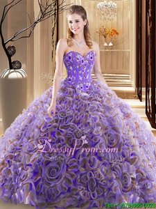 Cheap Sweetheart Sleeveless Sweet 16 Dress With Brush Train Embroidery and Ruffles Lilac Fabric With Rolling Flowers
