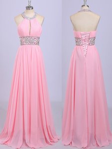 Sweet Halter Top Rose Pink Sleeveless Chiffon Zipper Prom Dresses for Prom