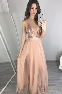 Best Selling Sequins Pleated A-line Prom Party Dress Peach V-neck Tulle Sleeveless Floor Length Zipper