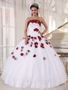 Beaded White Quinces Dresses with Wine Red Flower Appliques 2014