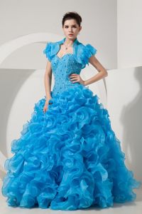 Ruffled and Beaded Baby Blue Organza Dresses for Quinceanera