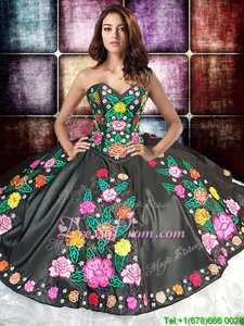 Sleeveless Floor Length Embroidery and Ruffles Lace Up Sweet 16 Dress with White And Black